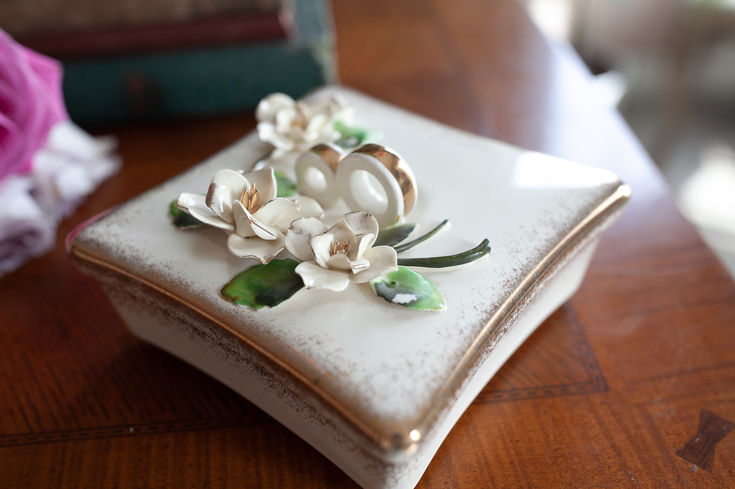 Vintage Lefton Trinket Box - Wedding Ring Dish - Flower Box