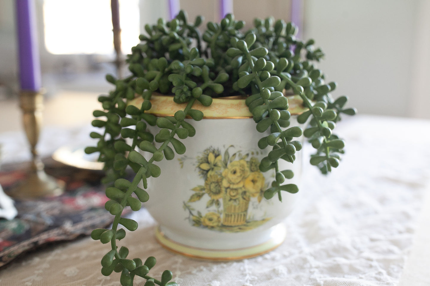 Vintage Planter - Yellow Flower Planter- Isco Japan Yellow Roses Cachepot Hand Painted