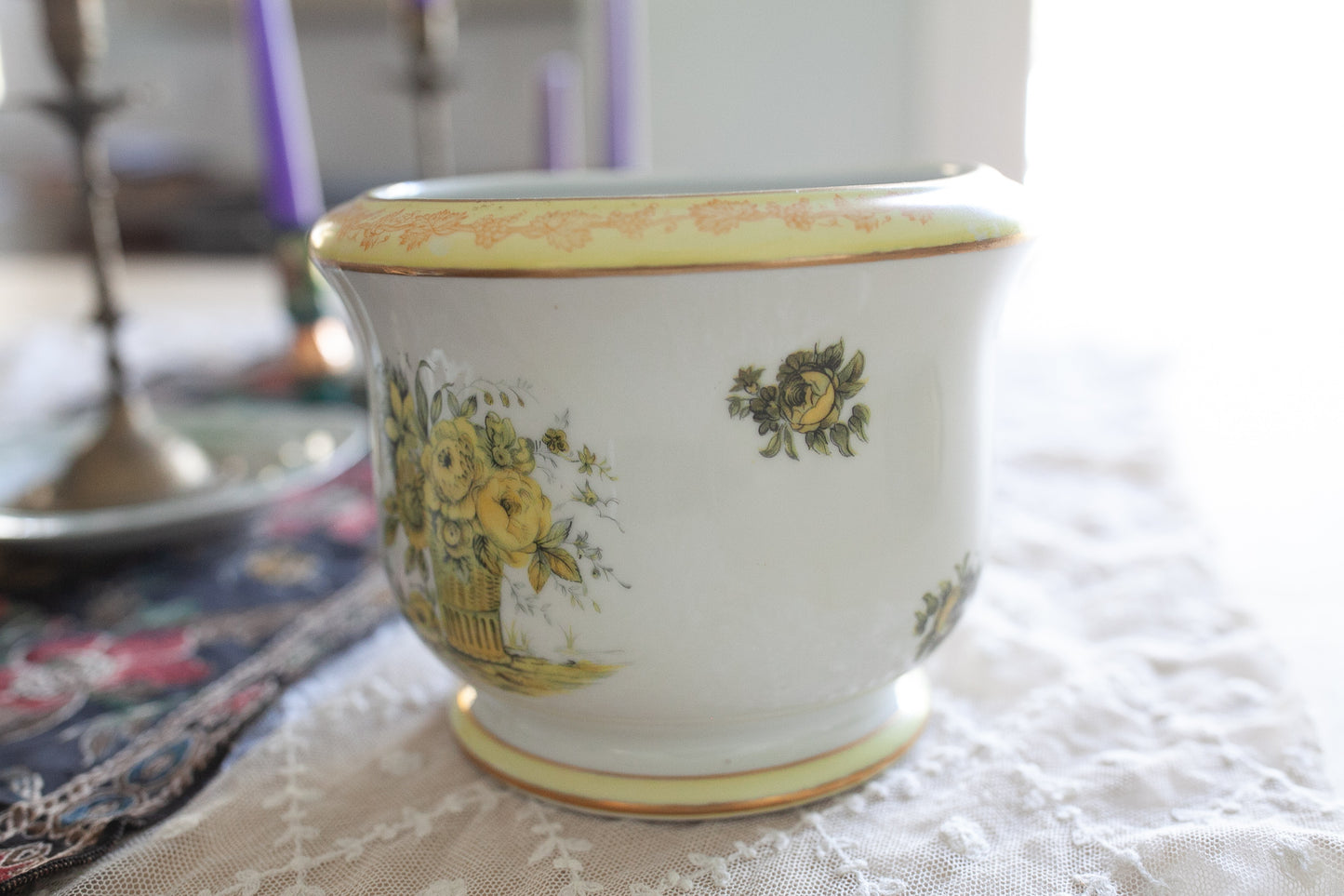 Vintage Planter - Yellow Flower Planter- Isco Japan Yellow Roses Cachepot Hand Painted
