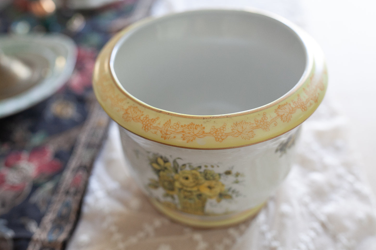 Vintage Planter - Yellow Flower Planter- Isco Japan Yellow Roses Cachepot Hand Painted