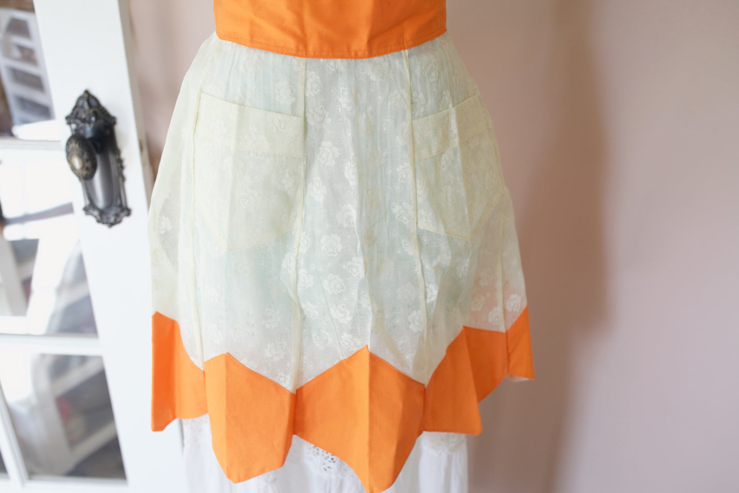 Vintage Half Apron- Vintage Apron- Orange/ Floral