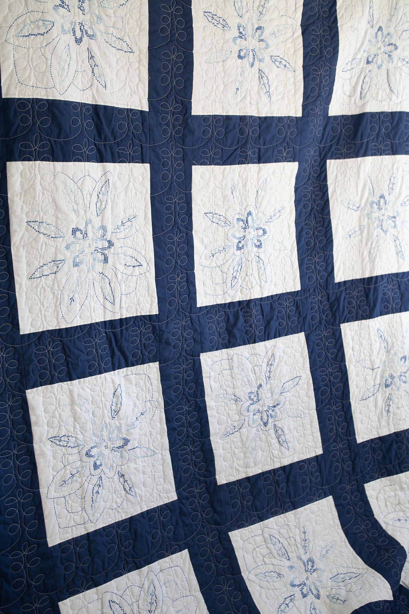 Vintage Quilt- Blue and White Cross Stitch Floral Quilt