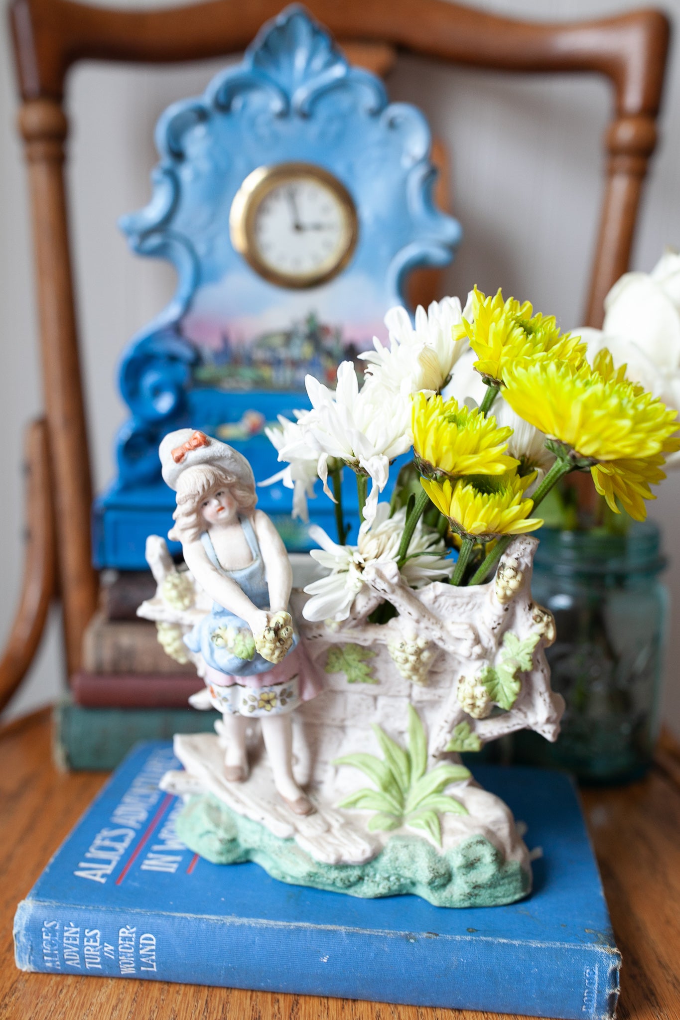 Antique German Carl Schneider Bisque Porcelain Young Girl with Grapes Vase