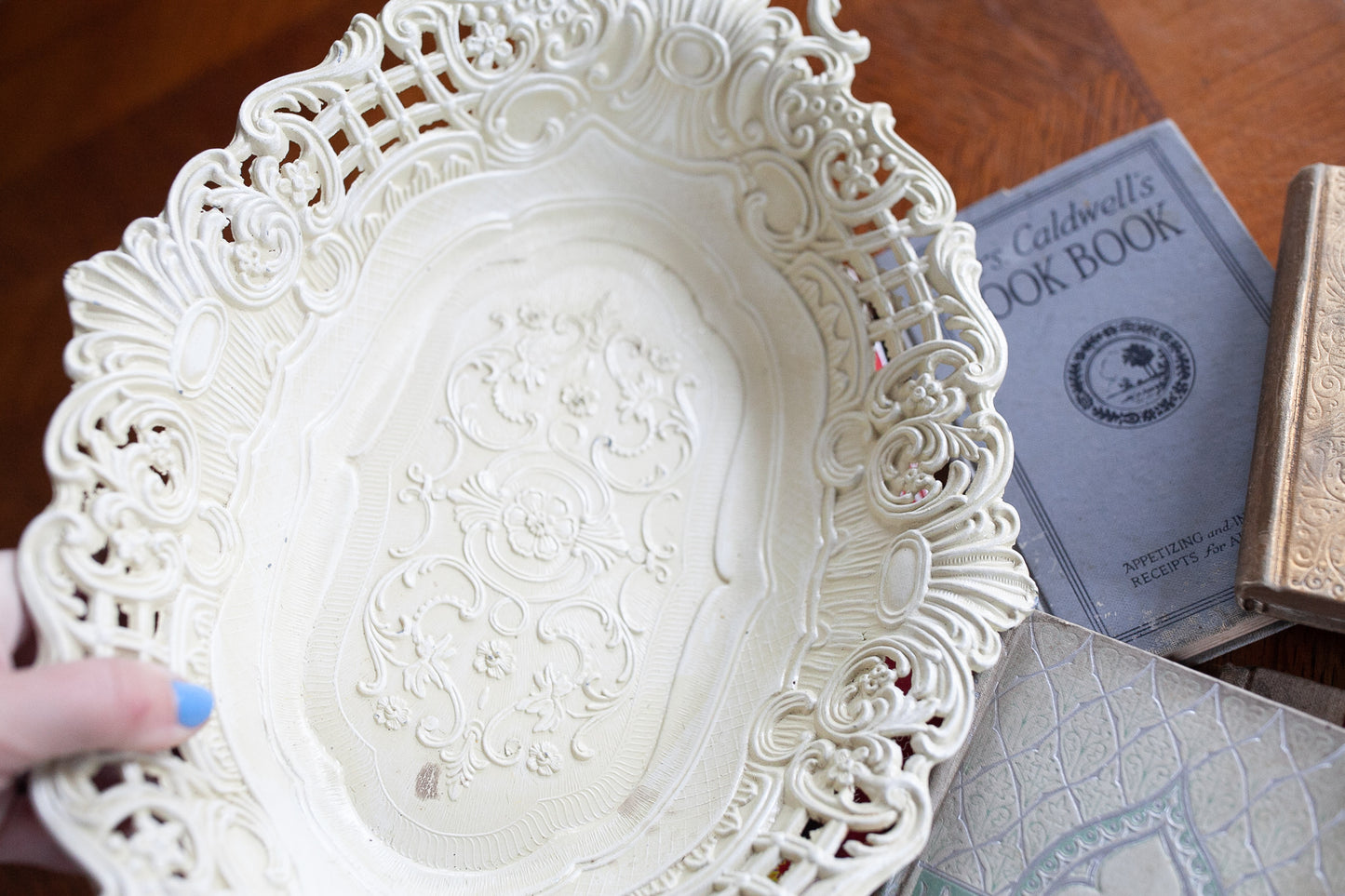 Vintage Bowl - Off White Reticulated Cast Iron Floral Bowl -Handled Bowl Made in Italy