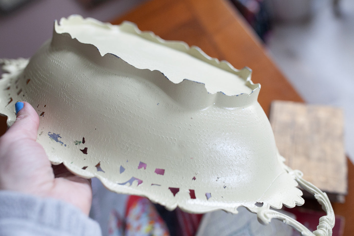 Vintage Bowl - Off White Reticulated Cast Iron Floral Bowl -Handled Bowl Made in Italy