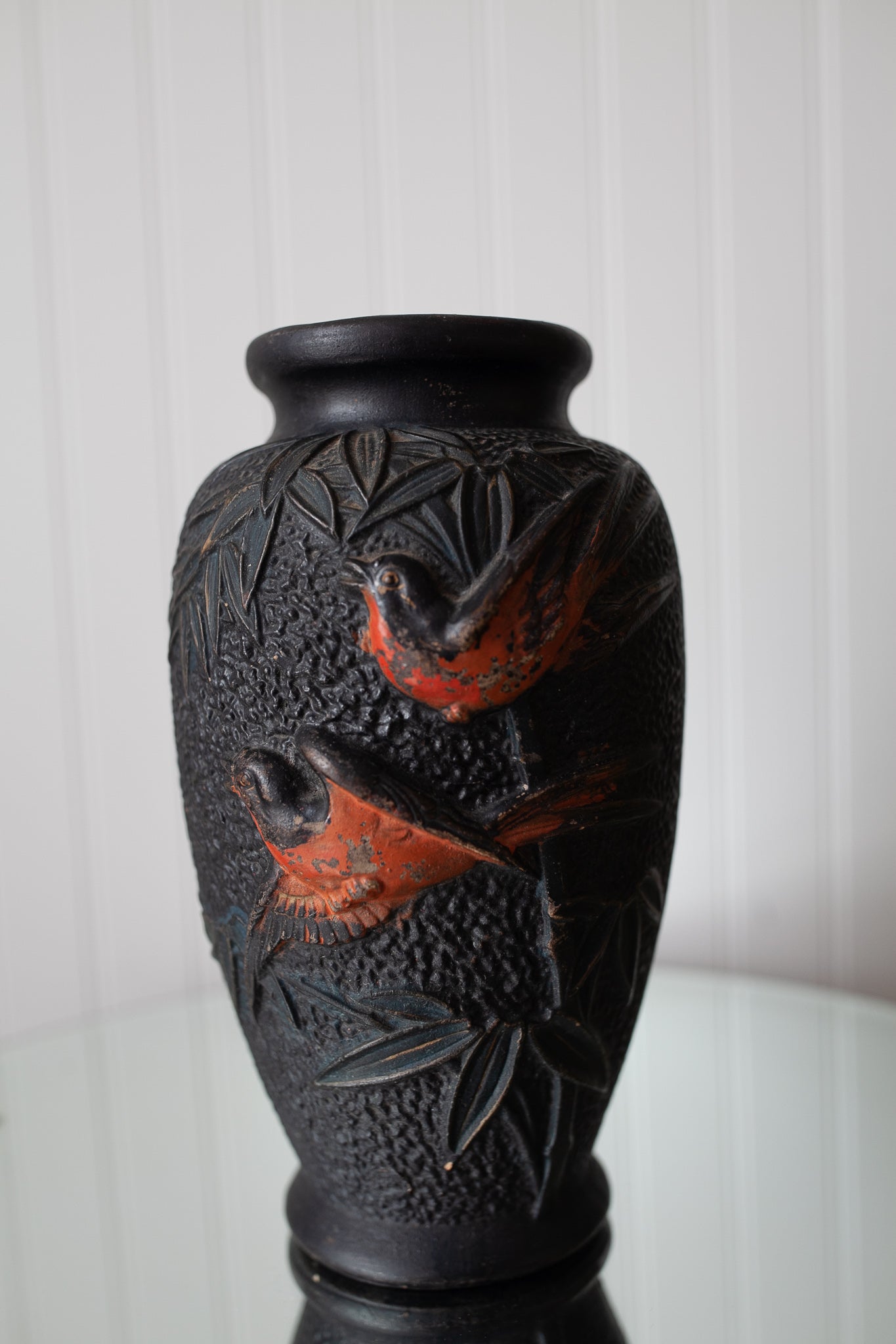 Vintage Black Vase with Birds- Orange And black Vase-Vintage Birds-Tokanabe Ware