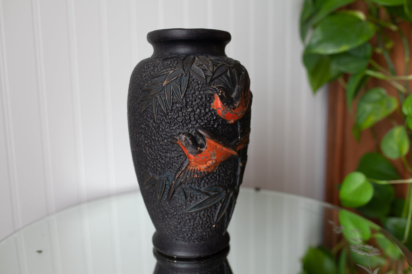 Vintage Black Vase with Birds- Orange And black Vase-Vintage Birds-Tokanabe Ware