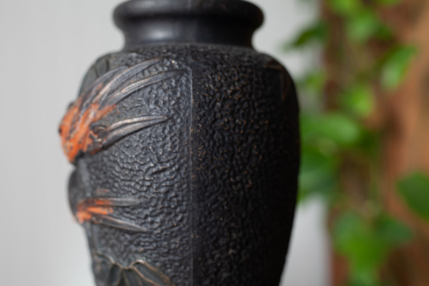 Vintage Black Vase with Birds- Orange And black Vase-Vintage Birds-Tokanabe Ware
