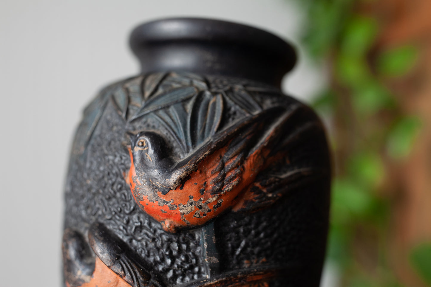 Vintage Black Vase with Birds- Orange And black Vase-Vintage Birds-Tokanabe Ware