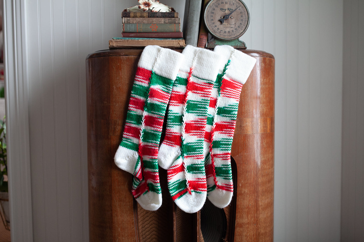 Vintage Stockings-Knit Stockings- set of 3- Red and Green