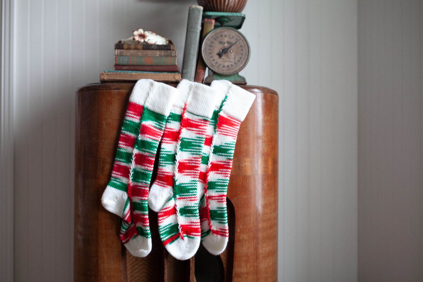 Vintage Stockings-Knit Stockings- set of 3- Red and Green