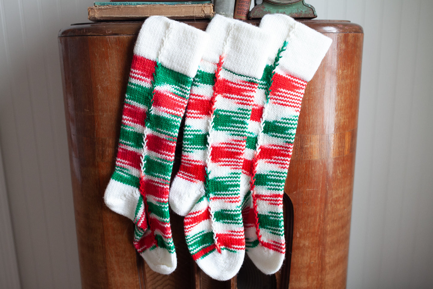 Vintage Stockings-Knit Stockings- set of 3- Red and Green