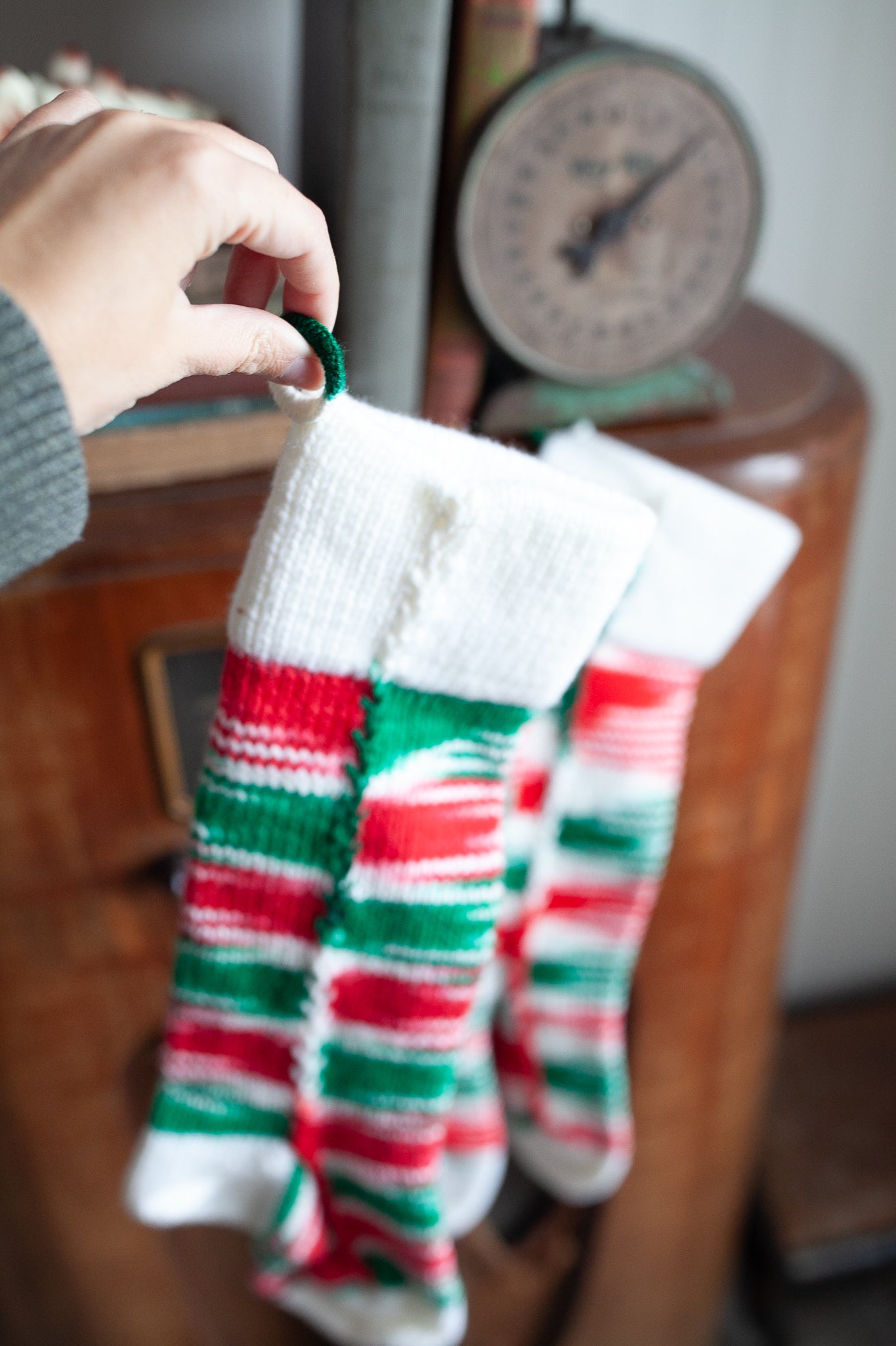 Vintage Stockings-Knit Stockings- set of 3- Red and Green