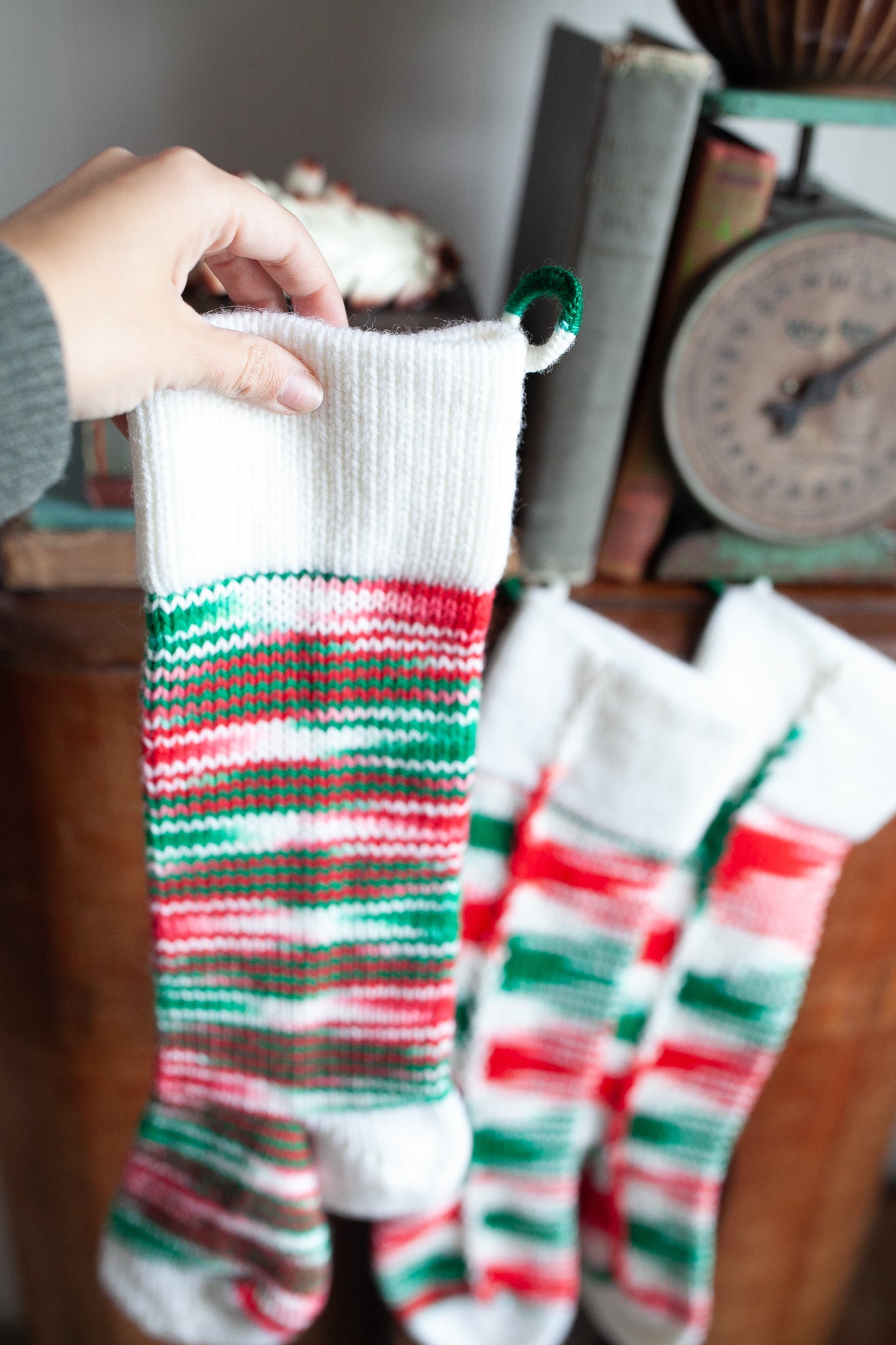 Vintage Stockings-Knit Stockings- set of 3- Red and Green