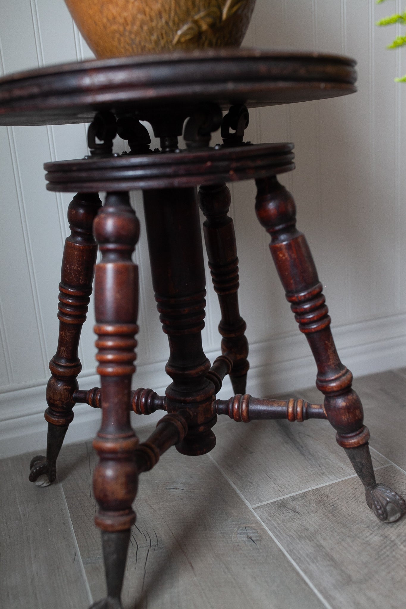 Organ Stool - Antique Glass Claw Footed Stool - Wood Piano Stool