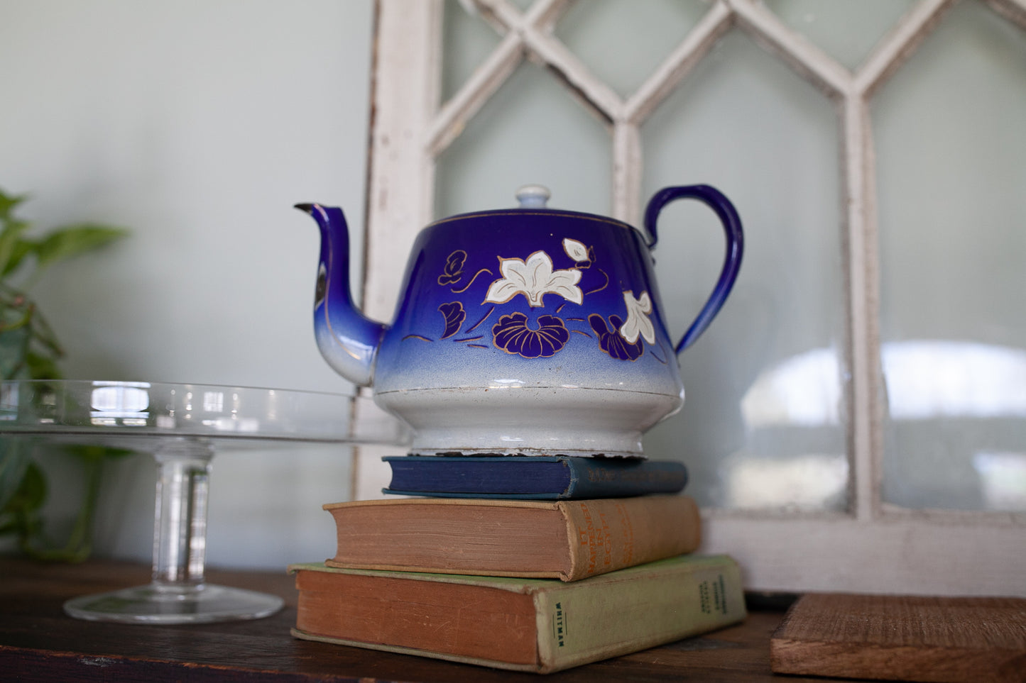 Antique Enamelware Teapot - Blue and White Teapot