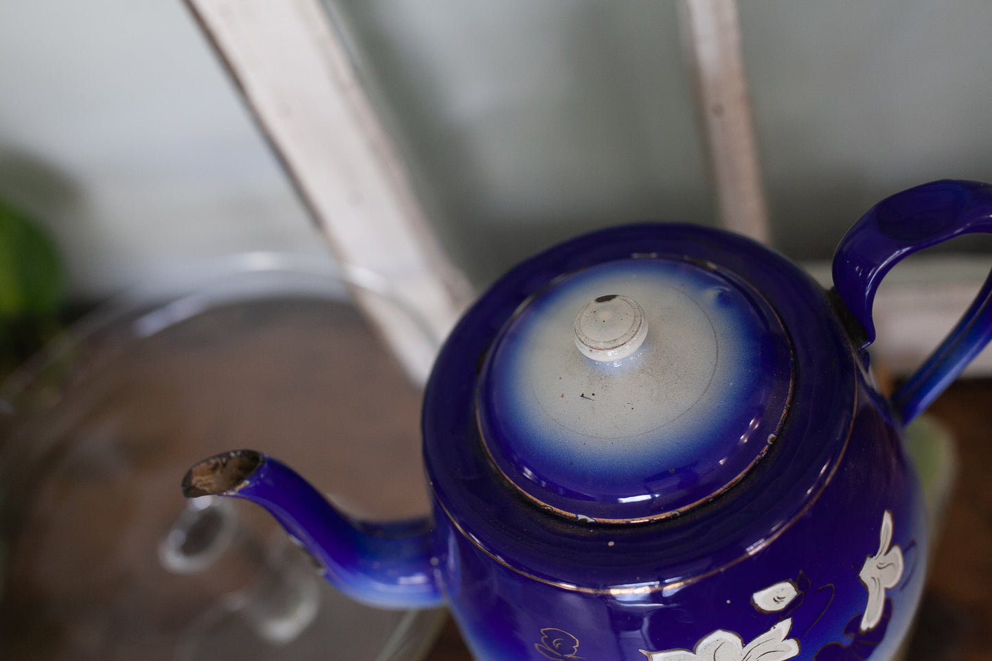 Antique Enamelware Teapot - Blue and White Teapot
