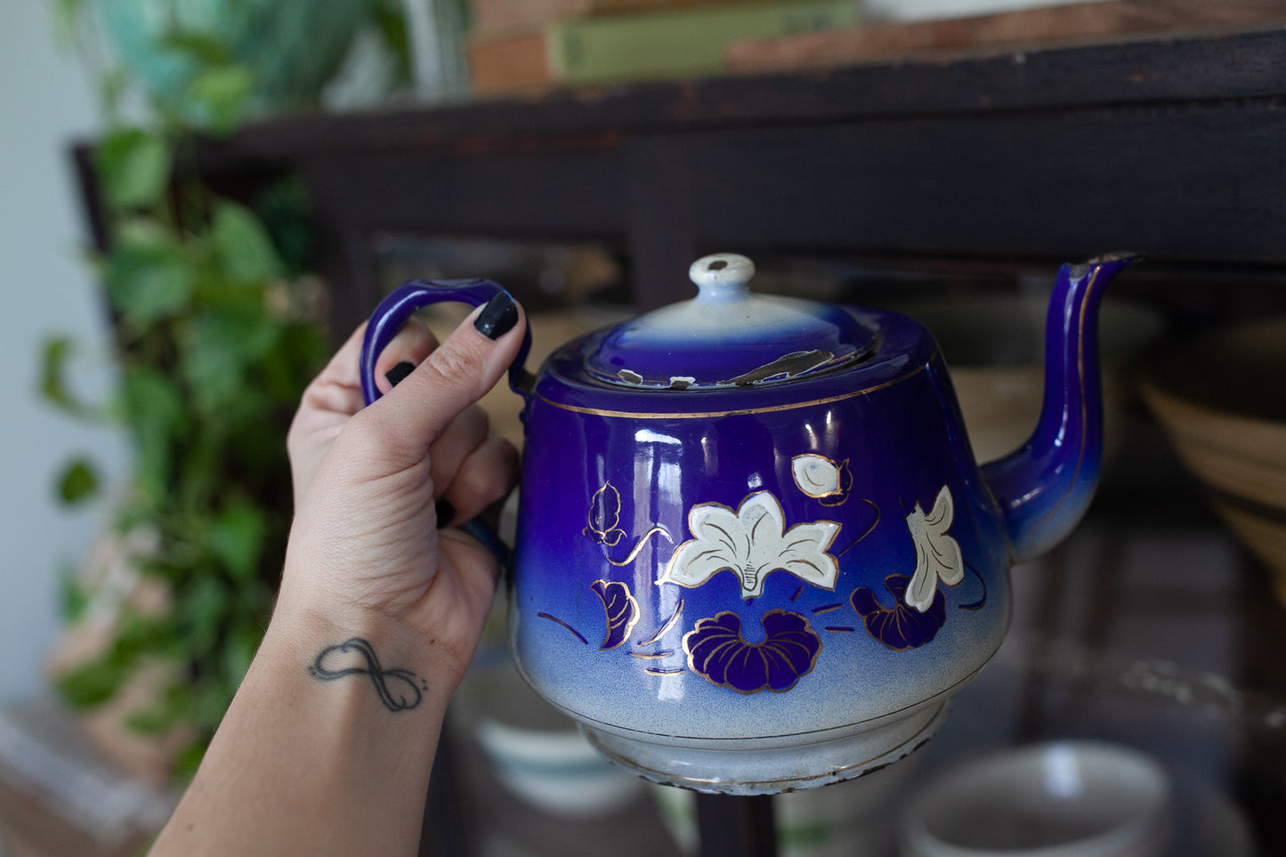 Antique Enamelware Teapot - Blue and White Teapot