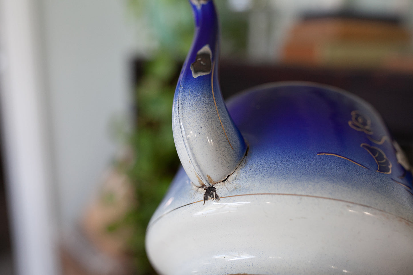 Antique Enamelware Teapot - Blue and White Teapot