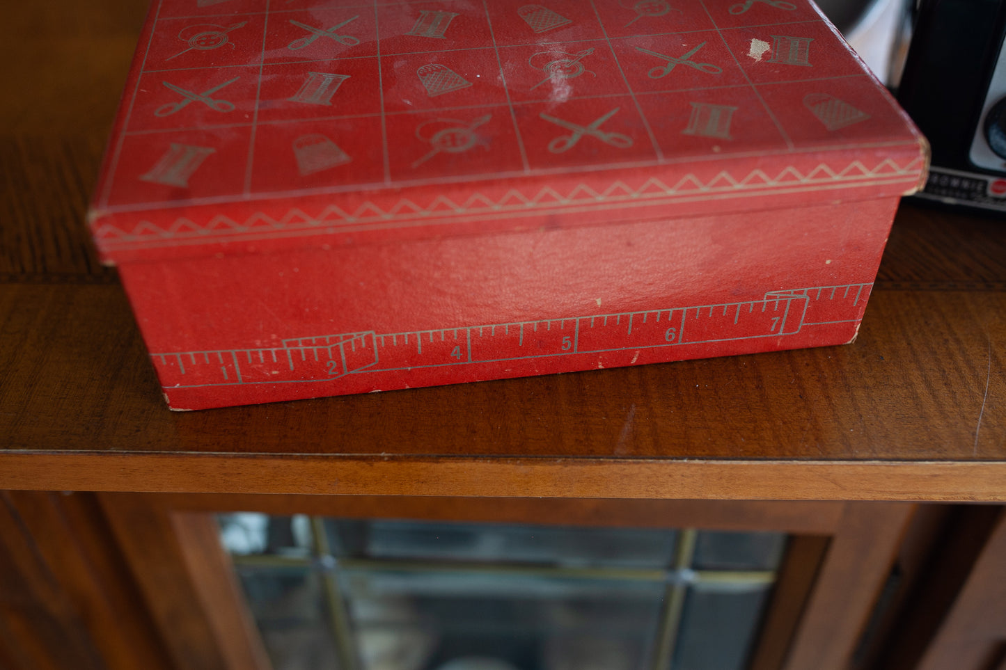 Vintage Sewing Box -Hinged Lid Red With Gold Details Removable Self