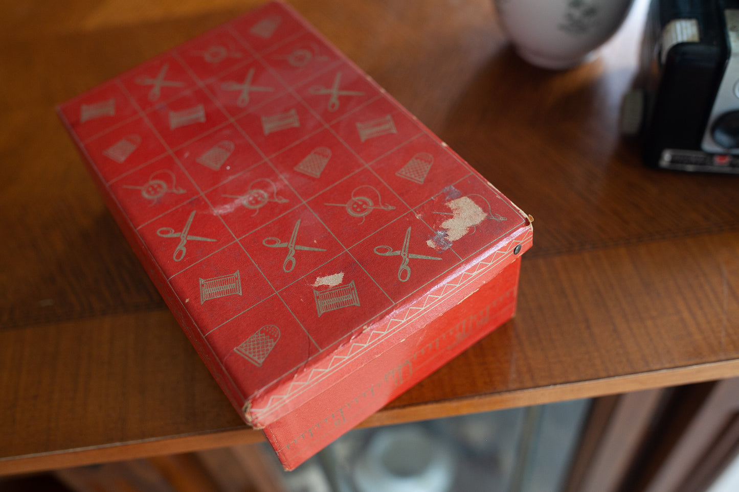 Vintage Sewing Box -Hinged Lid Red With Gold Details Removable Self