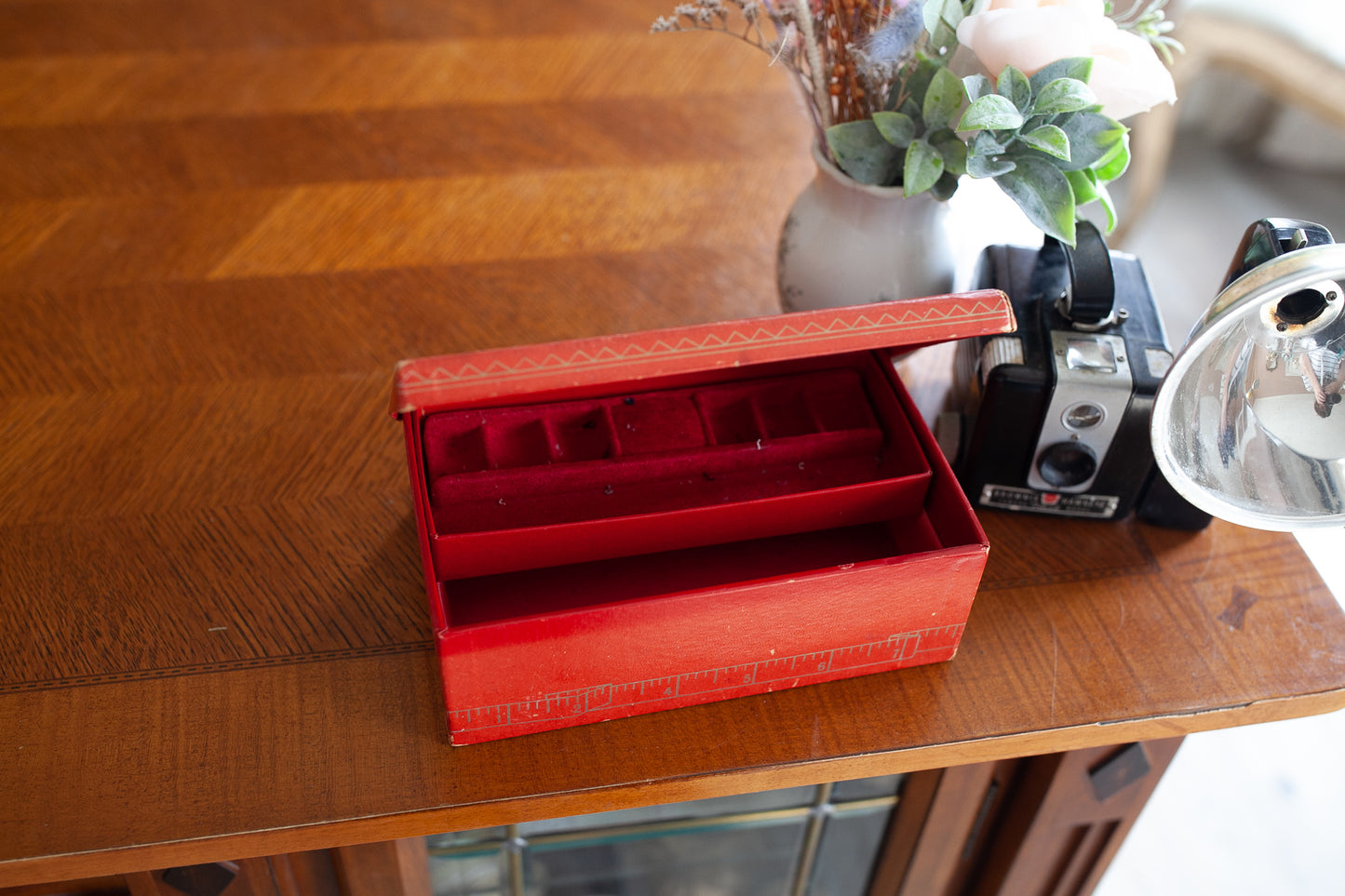 Vintage Sewing Box -Hinged Lid Red With Gold Details Removable Self