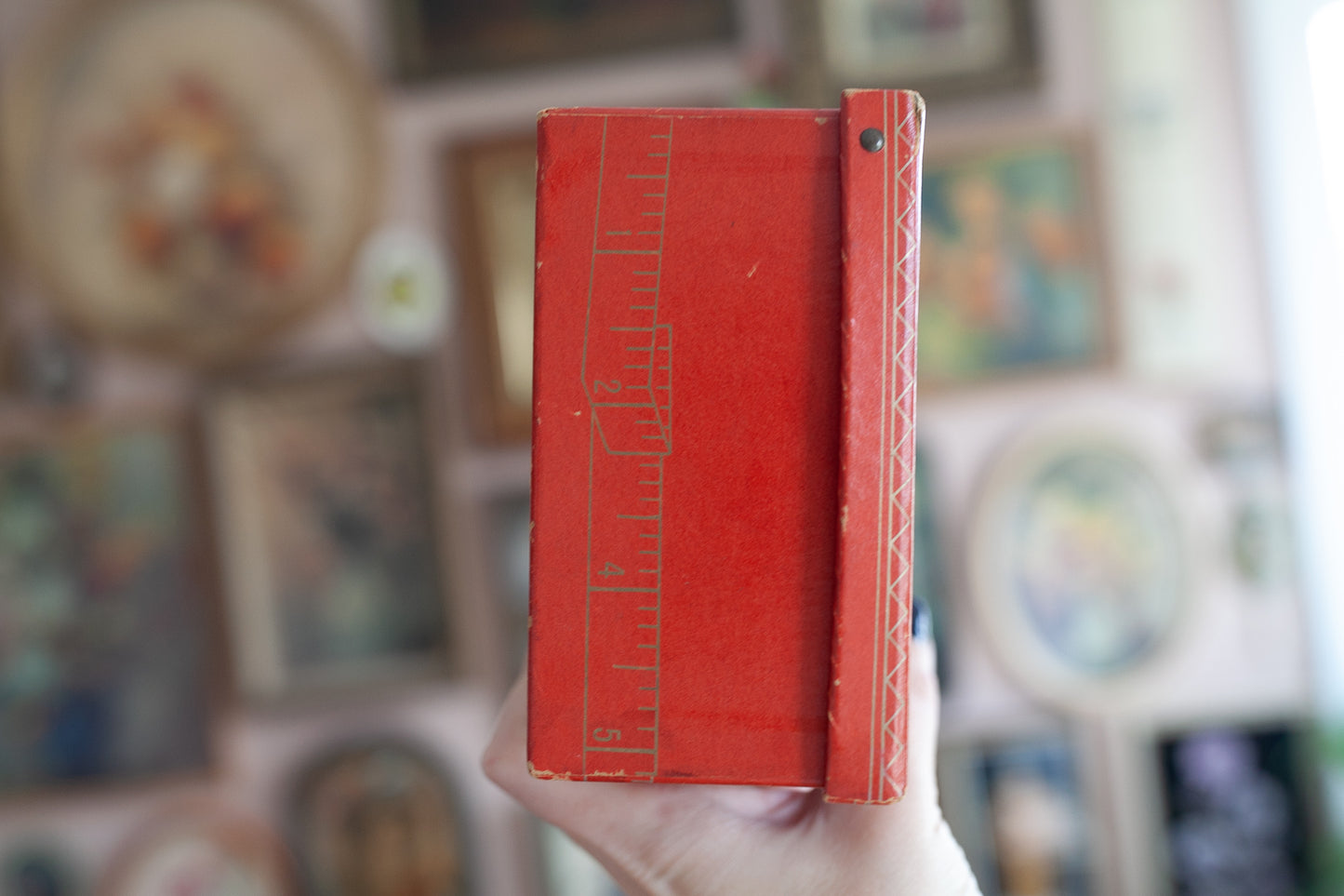 Vintage Sewing Box -Hinged Lid Red With Gold Details Removable Self