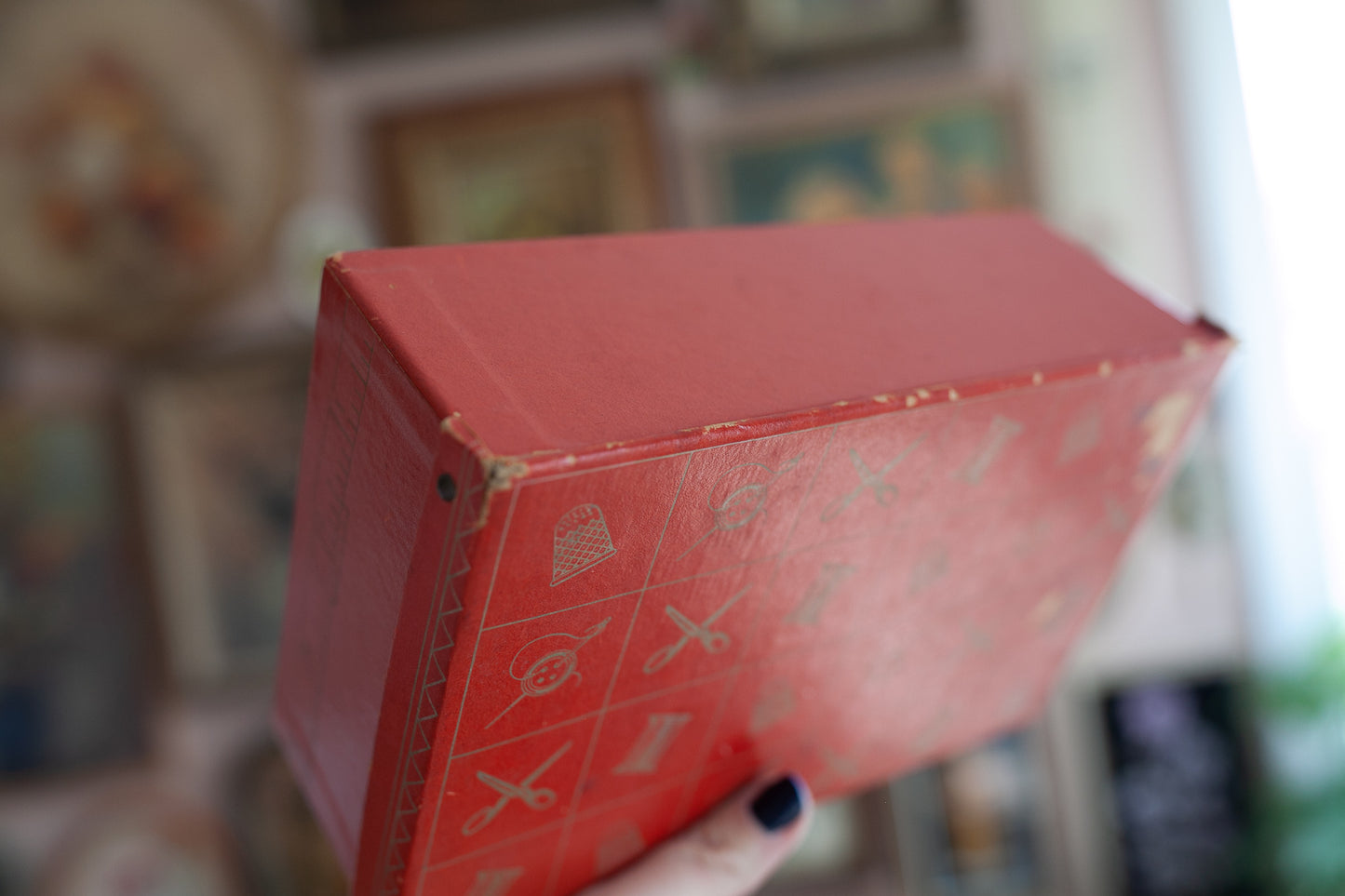 Vintage Sewing Box -Hinged Lid Red With Gold Details Removable Self
