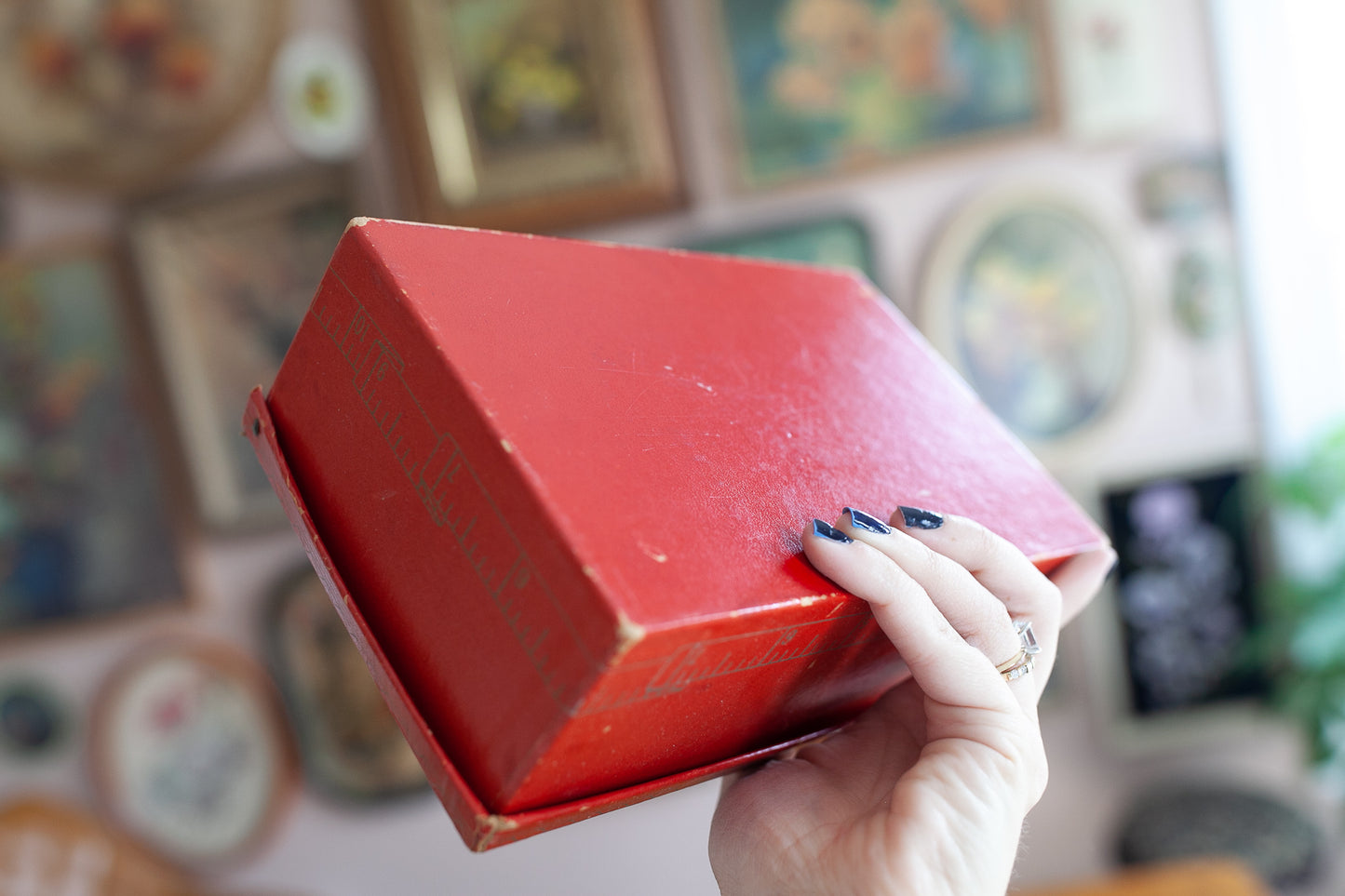Vintage Sewing Box -Hinged Lid Red With Gold Details Removable Self