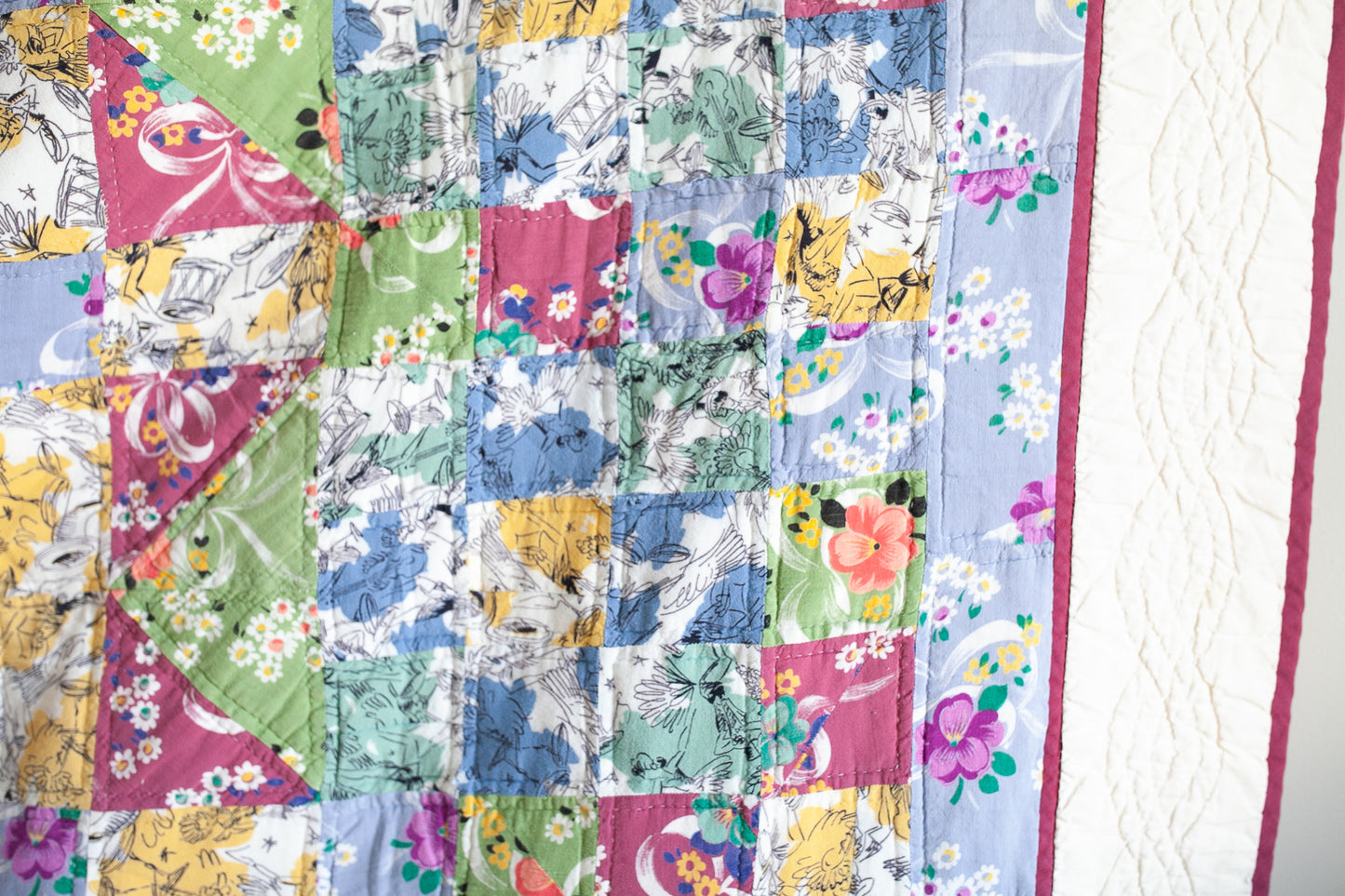 Vintage novelty print quilt- purple, blue- multicolor - Quilt