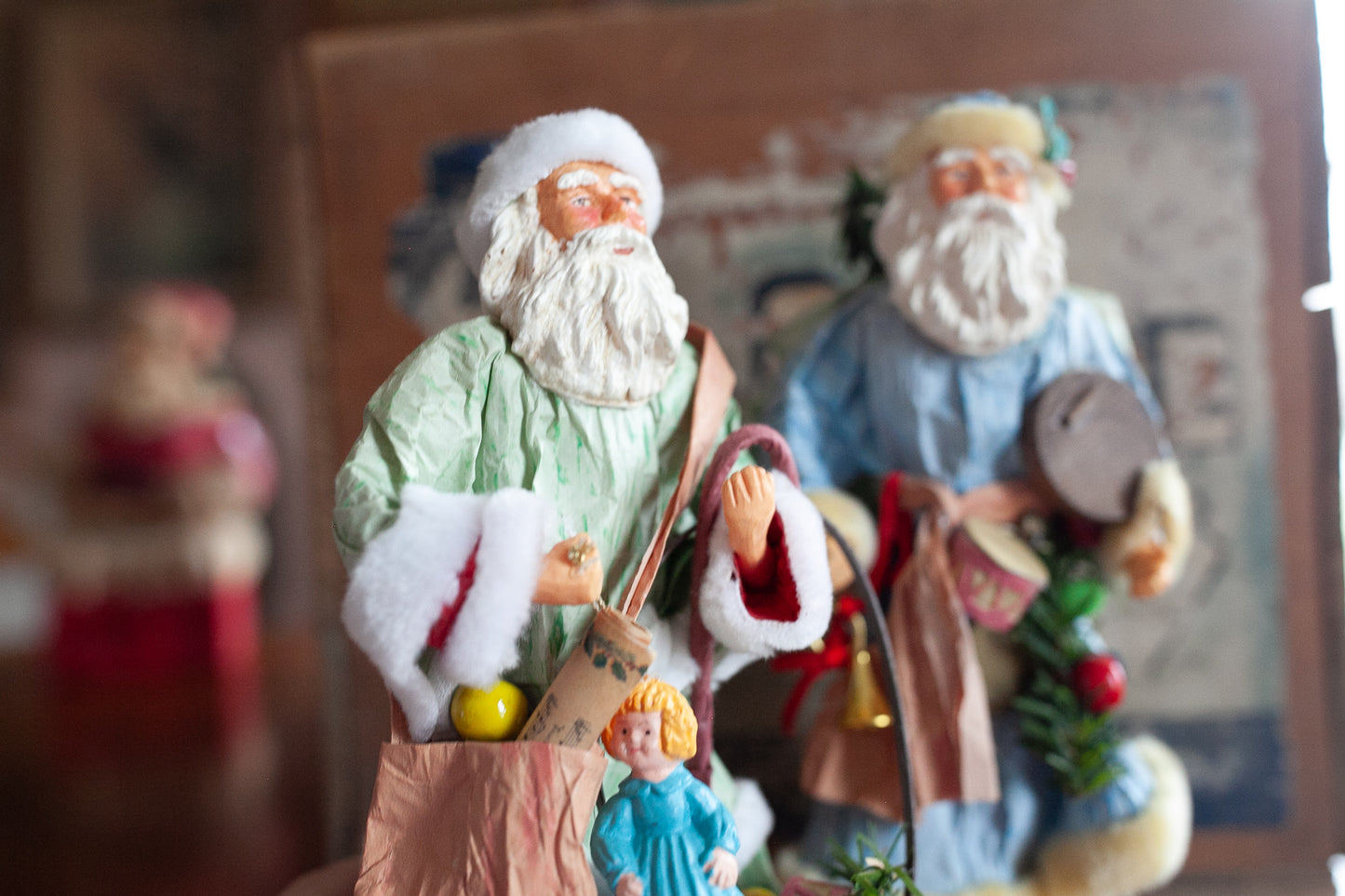 Vintage Santa- Paper Mache Santa - Green Santa- Blue Santa
