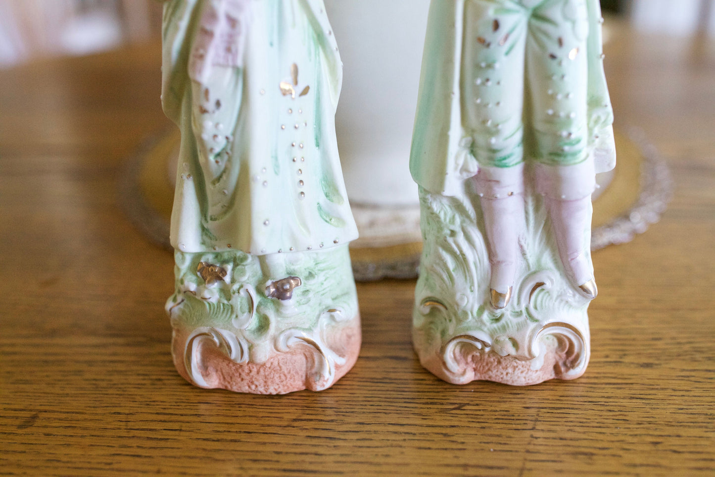Painted Bisque Figurines- Pair of Bisque Figures- Green,Peach