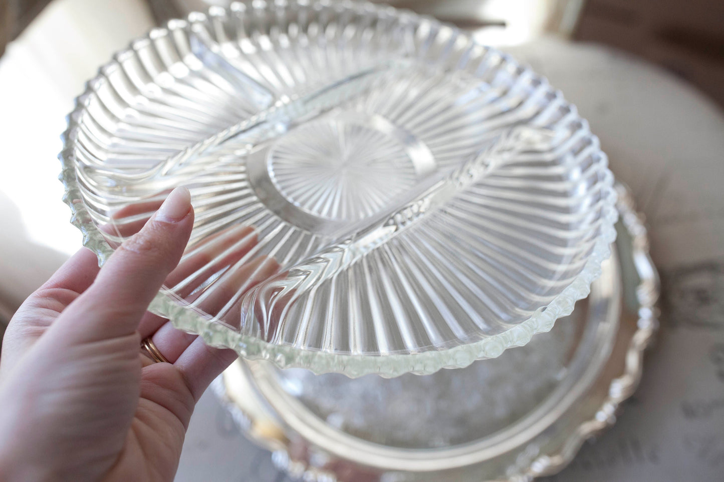 Vintage Silver Plate and Glass Serving Tray by Oneida with Glass Insert with Five Divides , 1970s Oneida
