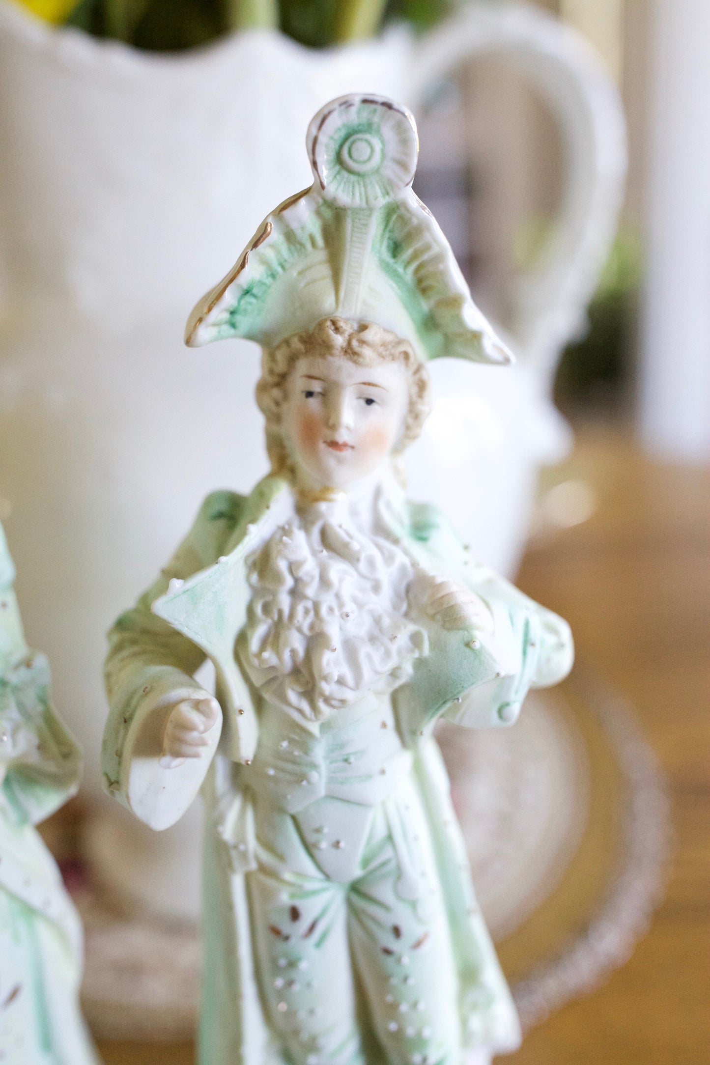 Painted Bisque Figurines- Pair of Bisque Figures- Green,Peach