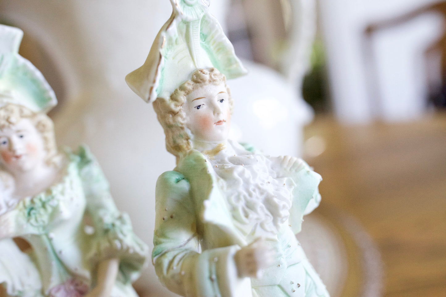 Painted Bisque Figurines- Pair of Bisque Figures- Green,Peach