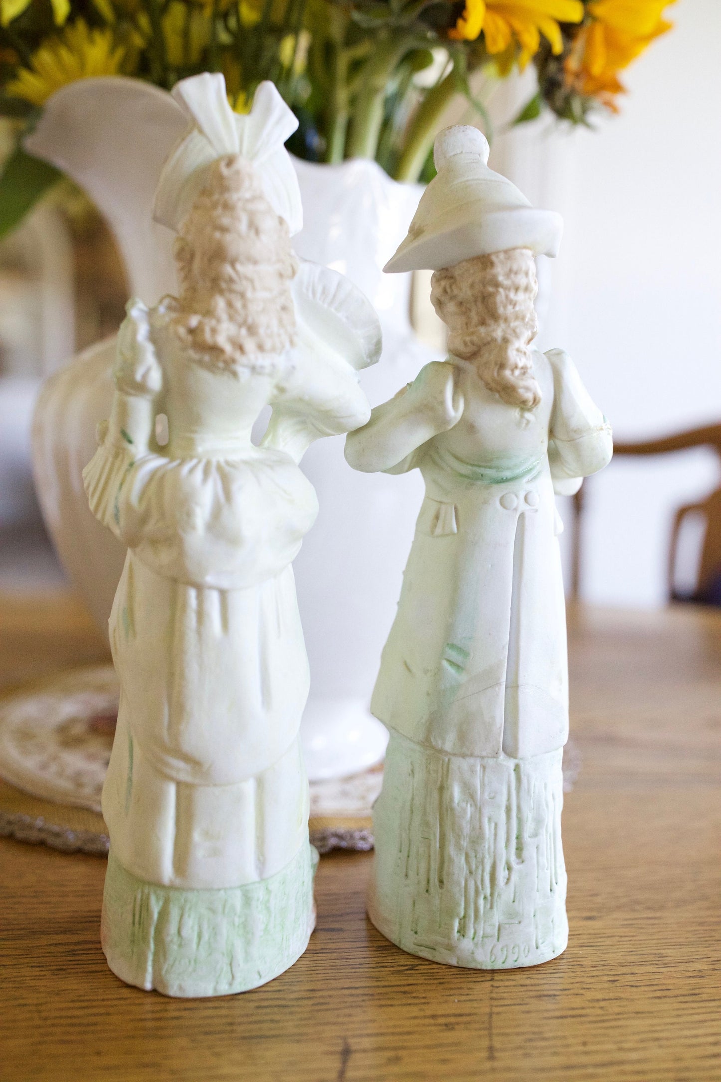 Painted Bisque Figurines- Pair of Bisque Figures- Green,Peach