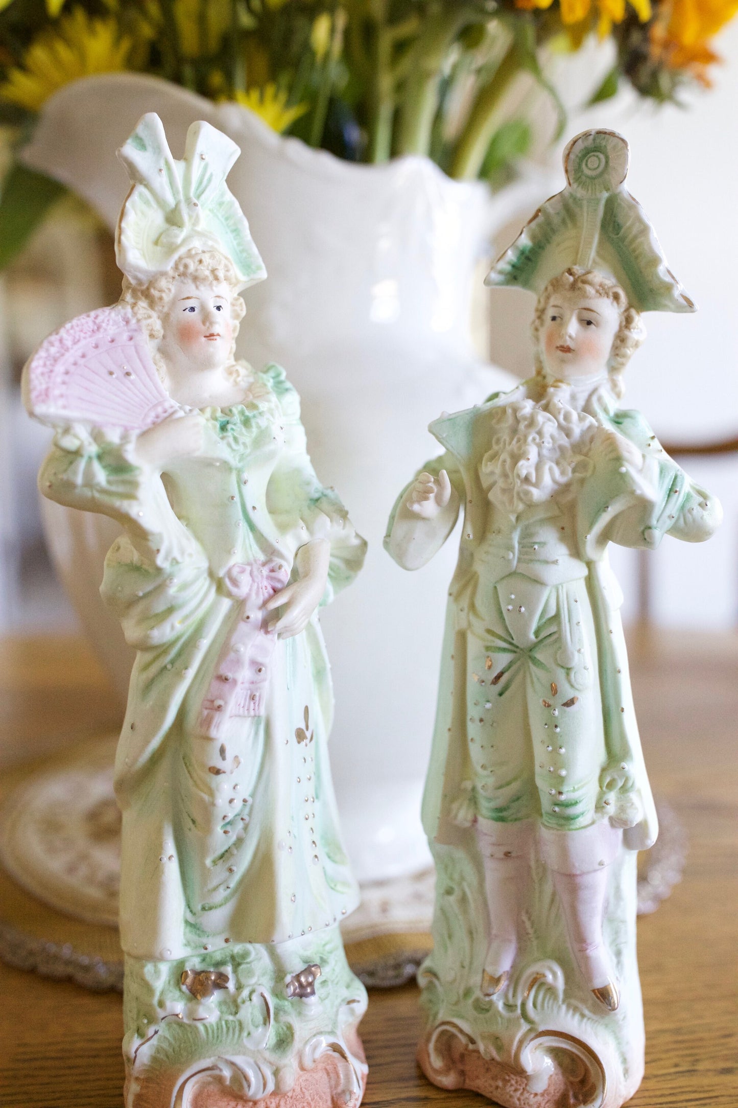 Painted Bisque Figurines- Pair of Bisque Figures- Green,Peach