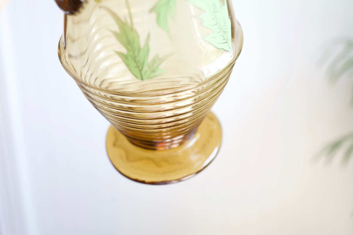 Vintage Amber Glass Decanter Stein - Large Glass Container with Flowers and Metal Lid