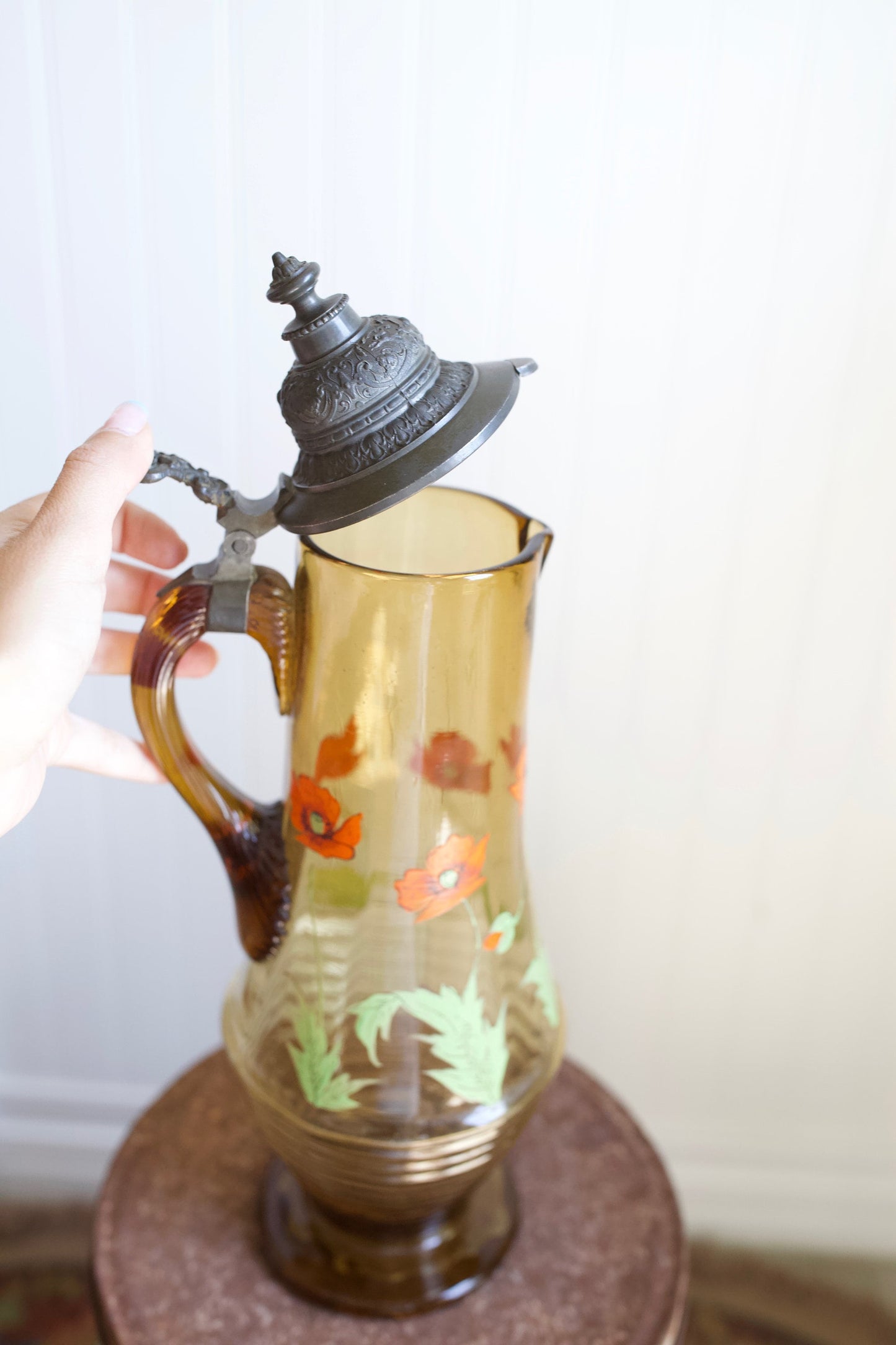 Vintage Amber Glass Decanter Stein - Large Glass Container with Flowers and Metal Lid