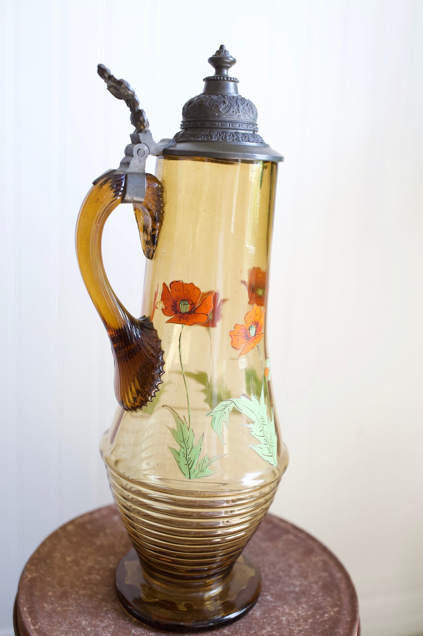 Vintage Amber Glass Decanter Stein - Large Glass Container with Flowers and Metal Lid