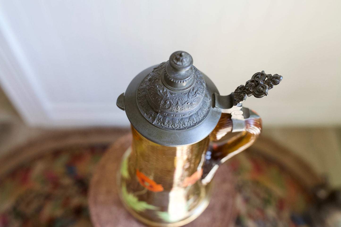Vintage Amber Glass Decanter Stein - Large Glass Container with Flowers and Metal Lid
