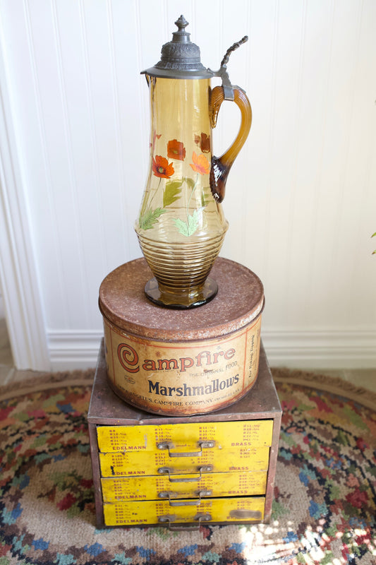 Vintage Amber Glass Decanter Stein - Large Glass Container with Flowers and Metal Lid