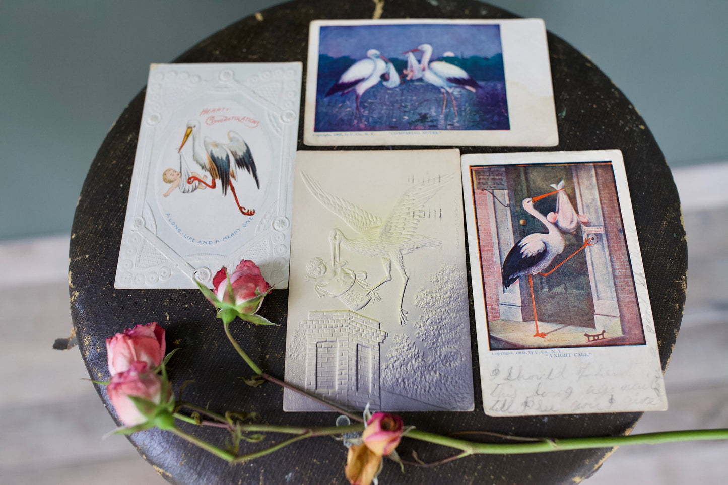 Antique Stork Birth Announcement Postcards - New Baby Postcards- Baby Shower- Antique Baby Shower