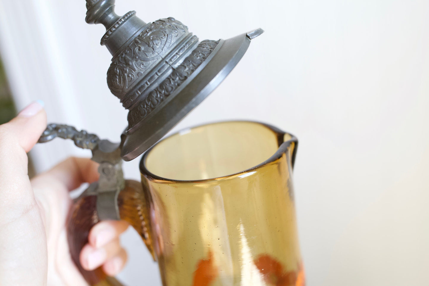 Vintage Amber Glass Decanter Stein - Large Glass Container with Flowers and Metal Lid