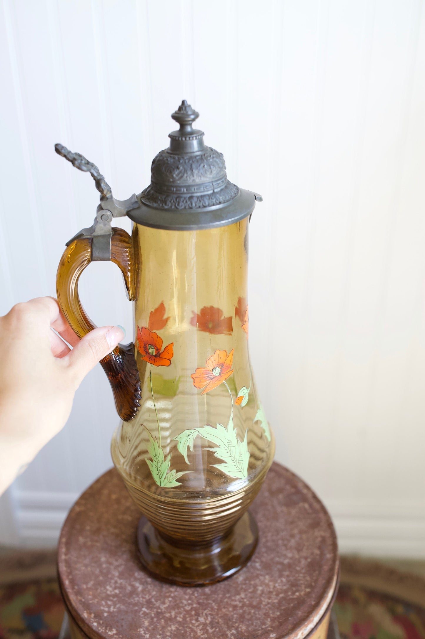 Vintage Amber Glass Decanter Stein - Large Glass Container with Flowers and Metal Lid