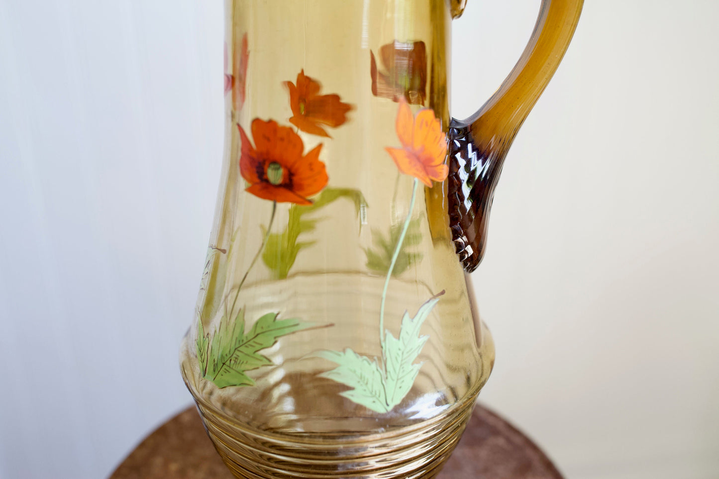 Vintage Amber Glass Decanter Stein - Large Glass Container with Flowers and Metal Lid
