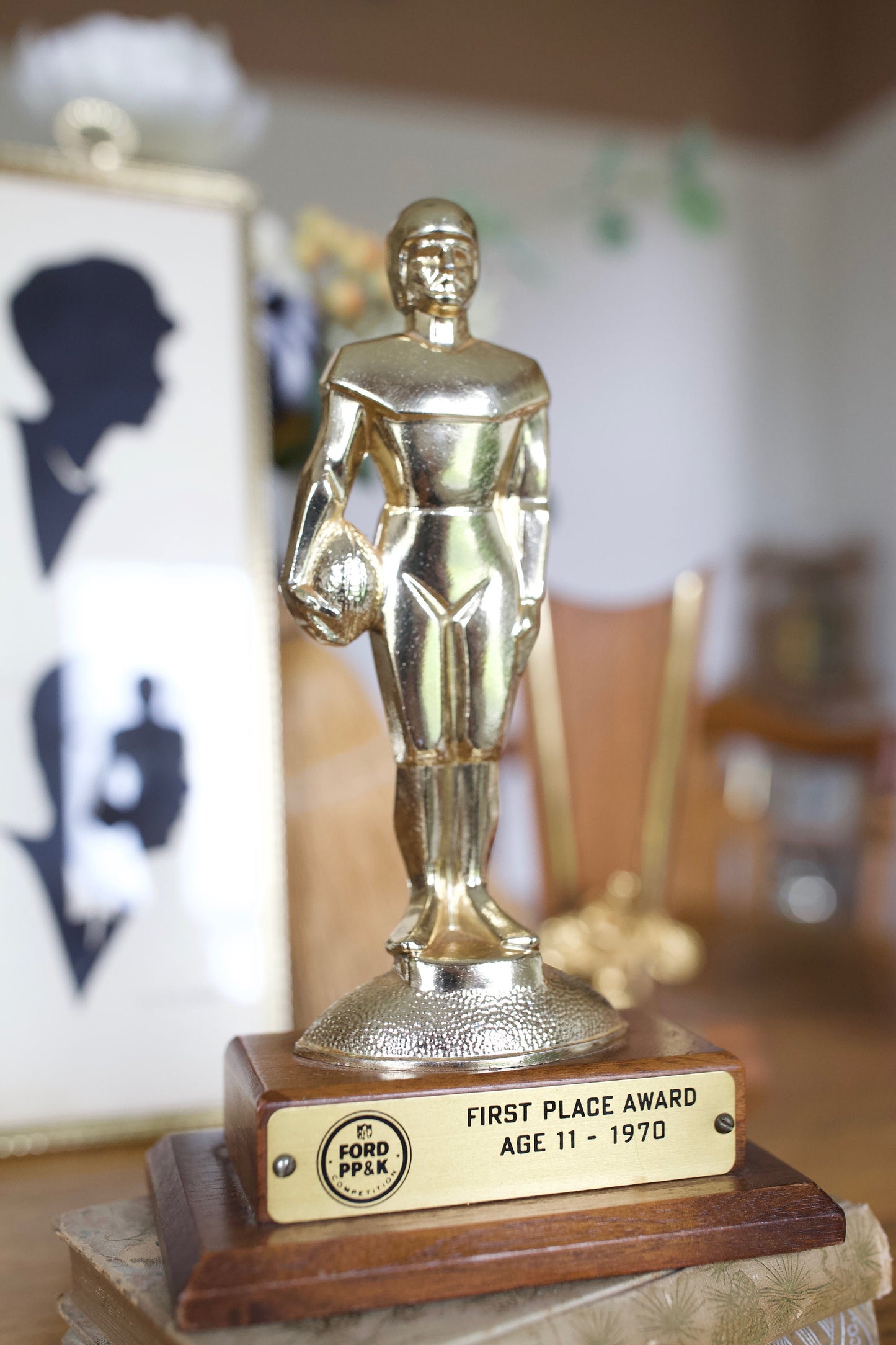 Vintage Football Trophy - Gold Football Trophy on Wood Base- First Place 1970