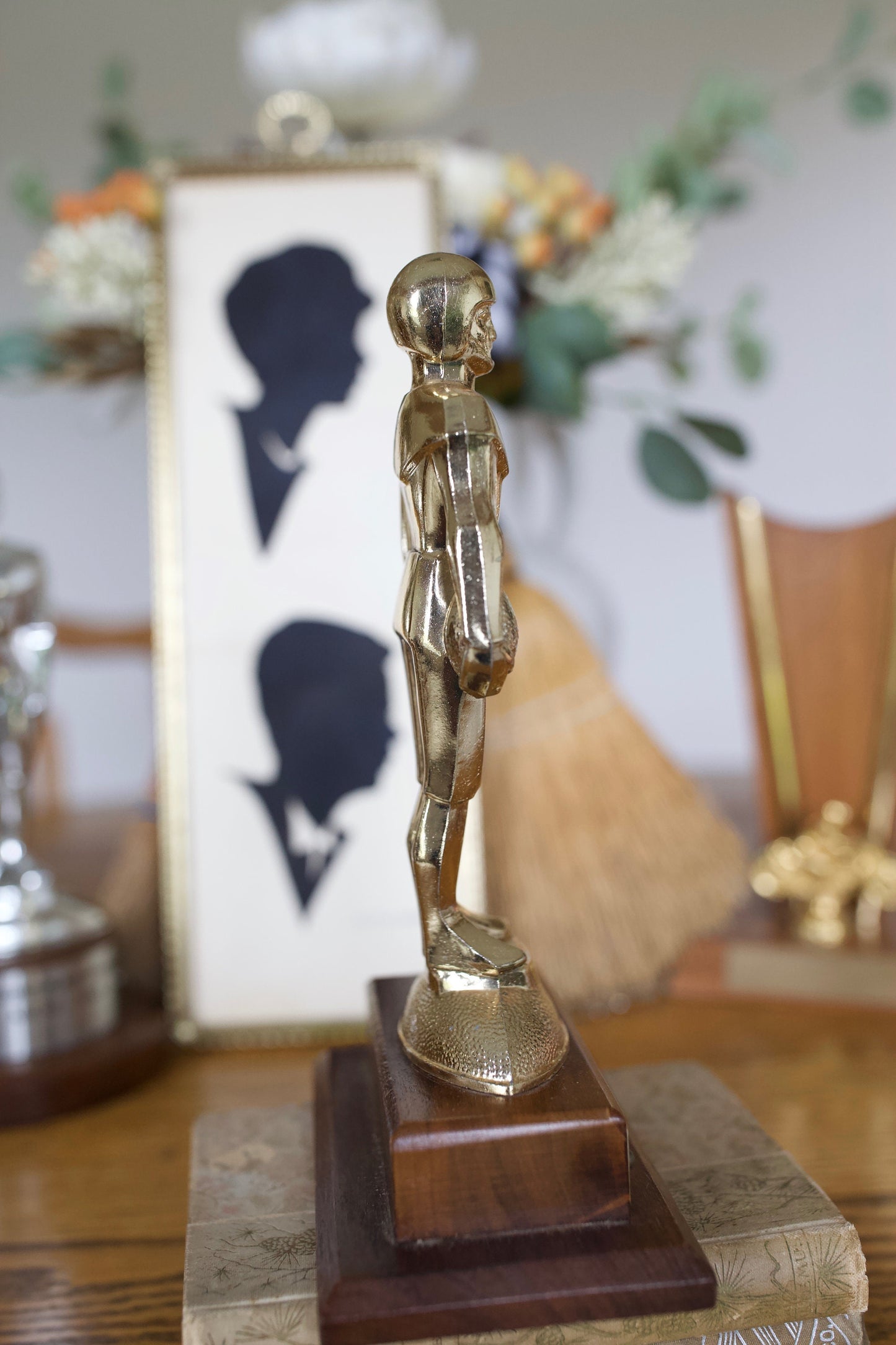 Vintage Football Trophy - Gold Football Trophy on Wood Base- First Place 1970