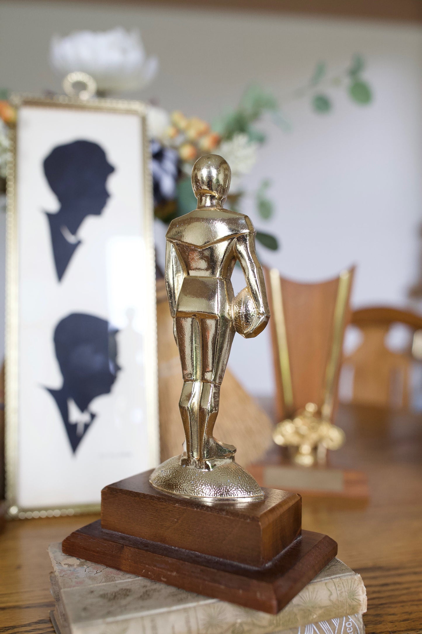Vintage Football Trophy - Gold Football Trophy on Wood Base- First Place 1970