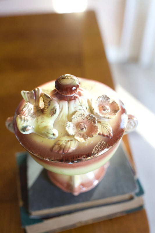 Vintage Bird and Floral Decorated Bowl with Lid - Yellow, Gold